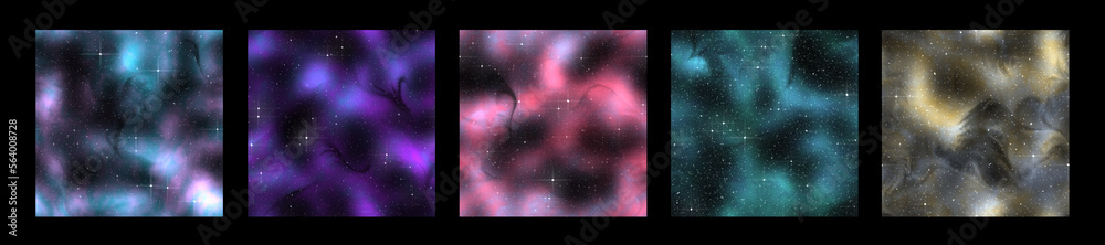 Wall mural set of galaxy space repeating patterns - tiled seamless cosmic background