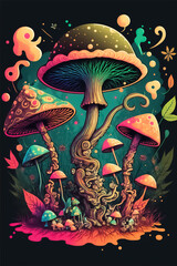 Colorful Magic Mushrooms, AI generated Illustration
