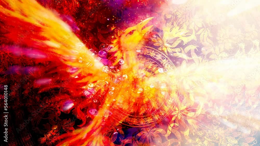 Aufkleber flying phoenix bird as symbol of rebirth and new beginning and ancient ornament in background. loop 