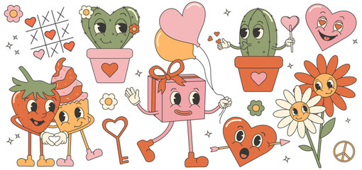 Trendy comic groovy valentines day sticker set with cupcake, strawberry, cactus, daisy and hearts. Retro valentines day. 70s 60s aesthetics.