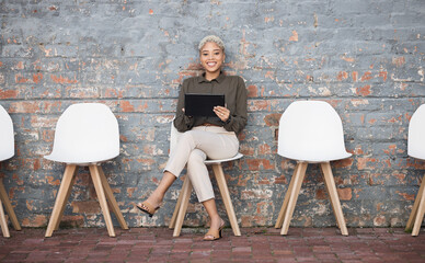 Recruitment, portrait and black woman tablet outside for job opportunity, hr and career success....