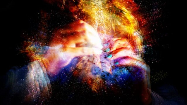 girl playing on wooden ornamental flute in cosmic space. Loop Animation