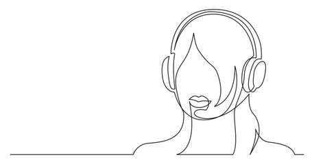 continuous line drawing vector illustration with FULLY EDITABLE STROKE of long hair style woman listening music in headphones