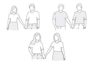 A couple of people holding hands. Men and women in love. The concept of tolerance, equality, and LGBT rights. Vector graphics.