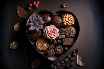 Image of a Wooden Table Set with Chocolates and Flowers for a Romantic Celebration. Valentine's Day Celebration. Ai generated art