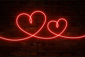 Two hearts. Neon hearts with a red glow on the background of an old brick wall. - Powered by Adobe