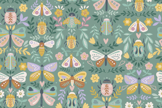 COLORFUL BUTTRTFLY, MOTH, CRITTERS, BEEETLE, LEAVES AND FLORA AND FAUNA NATURE SEAMLESS PATTERN IN EDITABLE FILE
