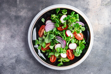 vegetable salad tomato, radish,  mache lettuce, green leaves snack fresh meal food on the table copy space food background rustic top view