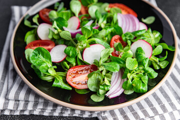 vegetable salad tomato, radish,  mache lettuce, green leaves snack fresh meal food on the table copy space food background rustic top view