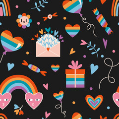 LGBT seamless pattern with cute rainbow romantic elements on a black background, cartoon style. Trendy modern vector illustration, hand drawn, flat