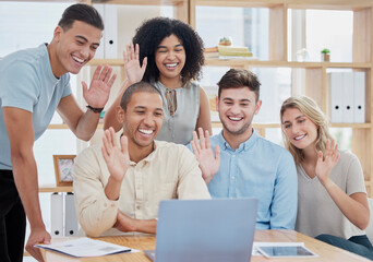 Webinar, laptop video call or business people wave for communication, networking or training with smile in office building. Teamwork, happy or team greeting for meeting, collaboration or presentation