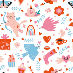 Saint Valentine's seamless pattern with cute romantic elements on a white background, cartoon style. Trendy modern vector illustration, hand drawn, flat