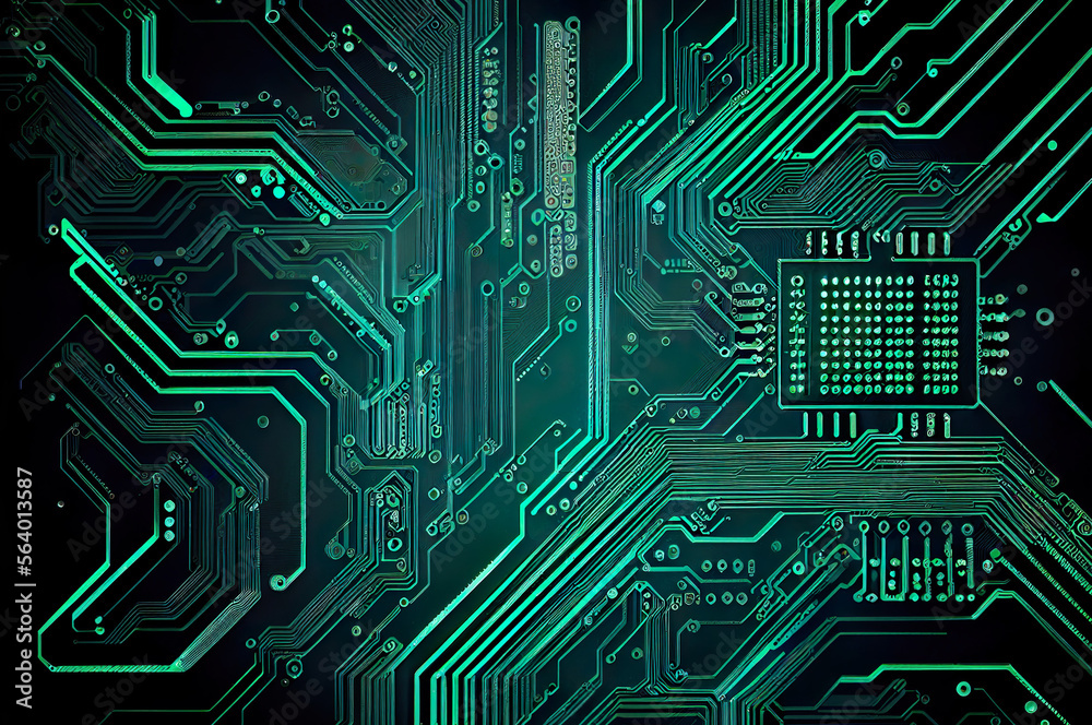 Poster information technology concept. circuit board, motherboard background with green tech lines, generat