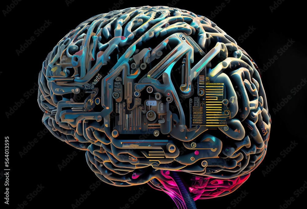 Aufkleber Digital brain of Artificial Intelligence, mind of robot concept. Conscious cyber humanoid. Generative AI