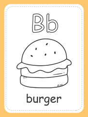 Alphabet coloring book card for children with the letter B and burger. Educational card for kids. The word burger, the English alphabet. Vector illustration.