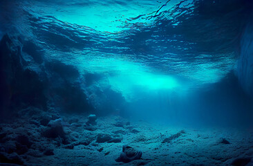 Fototapeta na wymiar Blue underwater, undersea background. Empty ocean, seabed with light from surface.. Generative AI