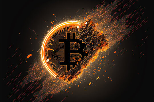 Illustration of a bursting Bitcoin symbol.