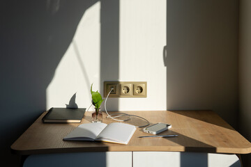 desktop with nice shadow and blurred foreground. home office for freelance work. 