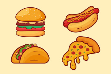 Fast Food Illustration Design with Cartoon Style Burger Hotdog Pizza and Sandwich
