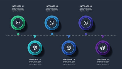 Timeline infographic with 6 elements template for web on a black background, business, presentation, vector illustration
