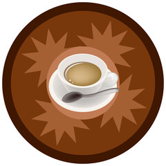 Coffee Time, Hot Coffee in White Ceramic Cup on Round Retro Label.
