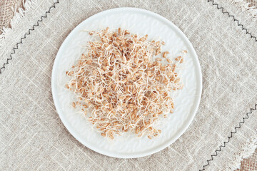 Sprouted wheat grains in a white plate on a linen napkin. Selective focus.