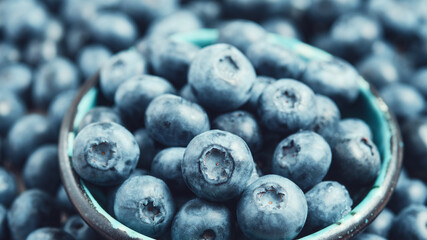 Blueberries in a ceramic bowl and lots of berries around. Blue background. Selective focus.