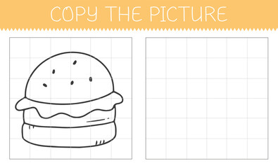 Copy the picture is an educational game for kids with a burger. Cute cartoon burger coloring book. Vector illustration.