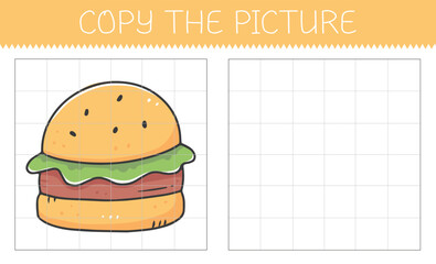 Copy the picture is an educational game for kids with a burger. Cute cartoon burger. Vector illustration.