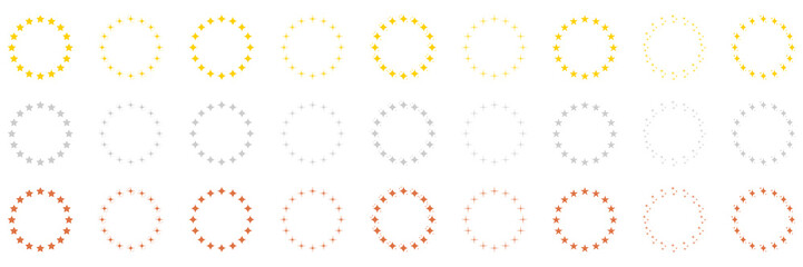 Stars in Circle Shape Silhouette Icon Set. Round Award Frame with Gold, Silver and Bronze Stars Pictogram. Circular Decor Ornament Icon on White Background. Isolated Vector Illustration