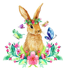 Easter bunny watercolor illustration, spring flowers wreath and greenery, colorful butterflies and floral crown, 600 dpi PNG with transparent background