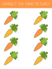 Connect the same pictures game with a cute cartoon carrot. Children's game with a carrot. Vector illustration.