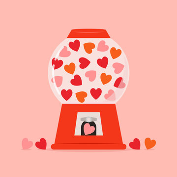 Heart in vending machine filled with red blue and white bubble gum hearts on pink background. illustration with transparent glass. Valentine's day.