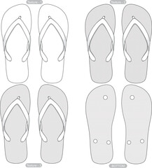 Blank flip flops sandals with 3 different textures vector Template flat sketch design	
