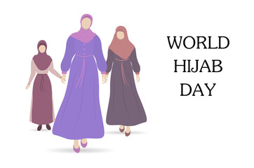 Young Muslim girls in traditional clothes and hijab. World hijab day greeting card. Flat vector illustration isolated on white background.