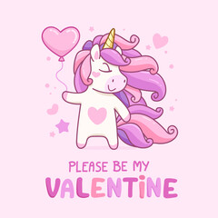 Please Be My Valentine card for Valentine's day with cute Pink Unicorn. Greeting card or invitation in cartoon style. Valentine's Day card with unicorn holding heart. Square format vector illustration