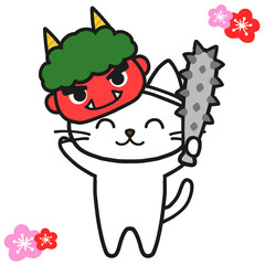 節分の鬼になりきって楽しむ白猫