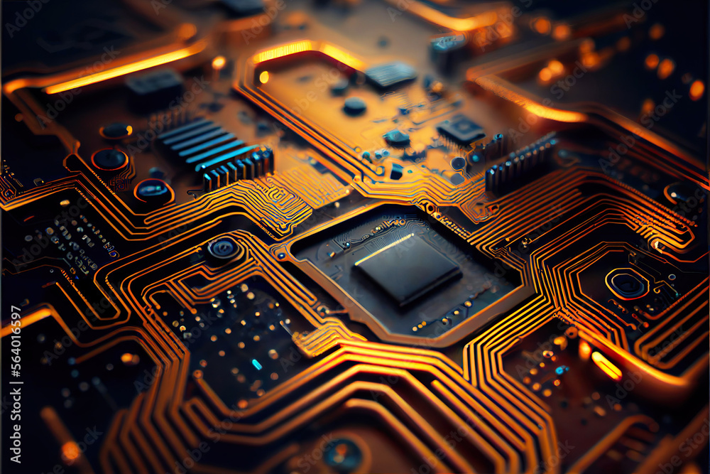 Poster Circuit board, motherboard. Electronic computer hardware technology. Digital chip, lines background. Information engineering concept., generative AI