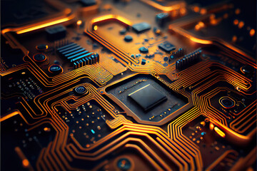 Circuit board, motherboard. Electronic computer hardware technology. Digital chip, lines background. Information engineering concept., generative AI