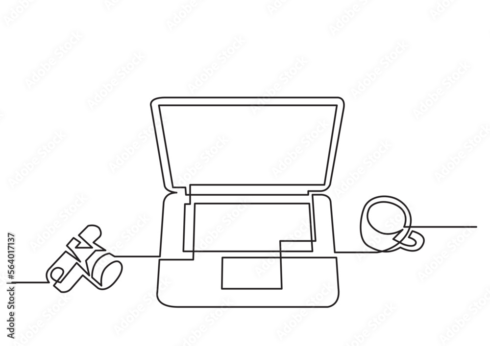 Poster continuous line drawing vector illustration with fully editable stroke of laptop computers notepad p