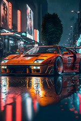 Classic sports car in Tokyo city streets illustration Generative AI