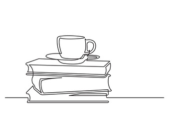 continuous line drawing vector illustration with FULLY EDITABLE STROKE of books and cup of tea