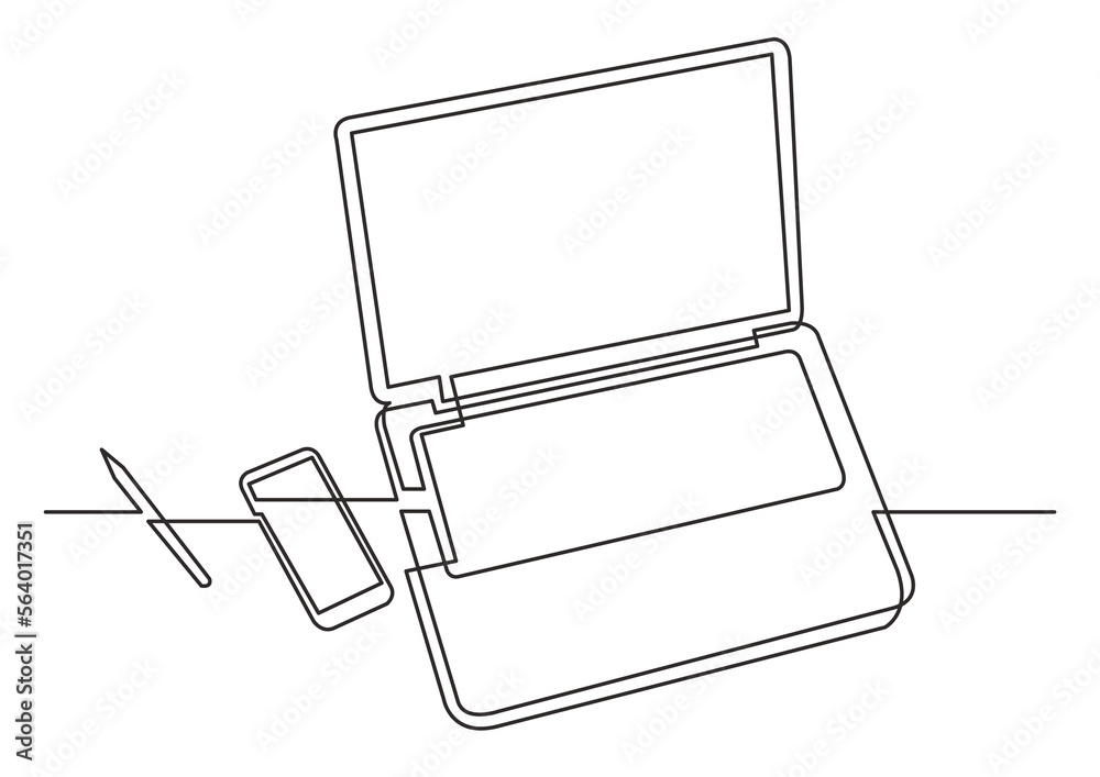Wall mural continuous line drawing vector illustration with fully editable stroke of laptop computer mobile pho