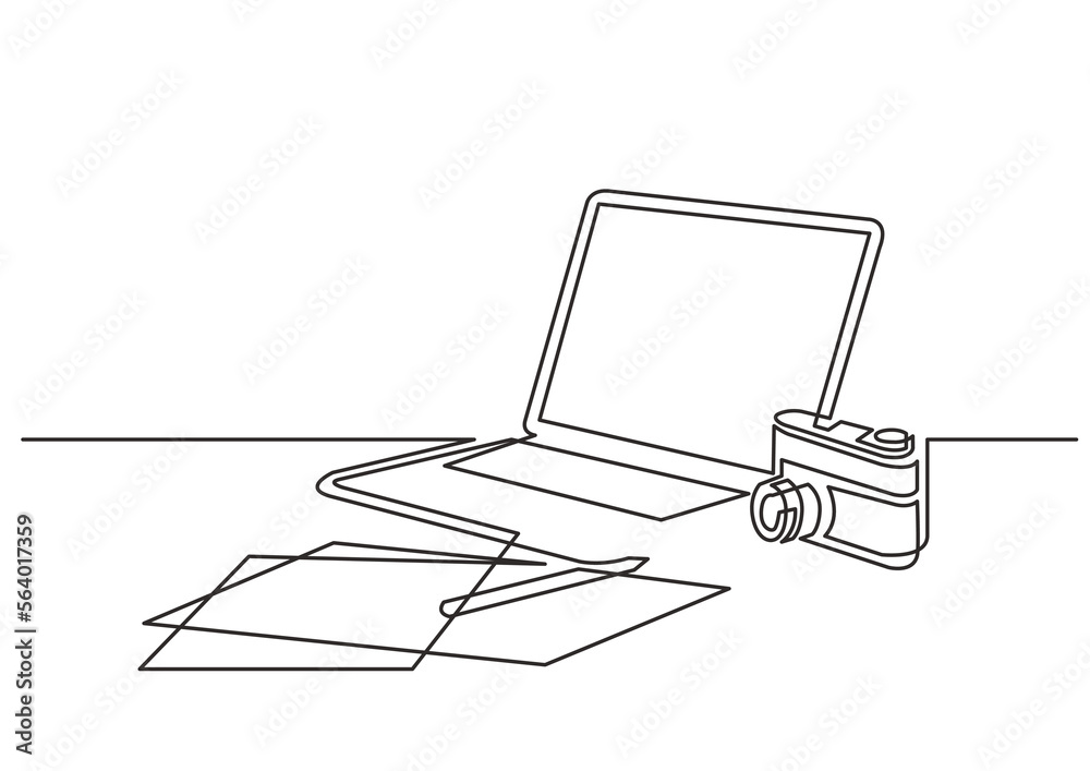 Poster continuous line drawing vector illustration with fully editable stroke of laptop computers notepad p