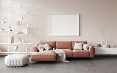 3d rendering of modern living room with sofa and white pouf, open shelf with decor and books,hanging cabinet, white decorative pillows .Empty white frame for art on wall. Frame mockup. 3d render © Hanna