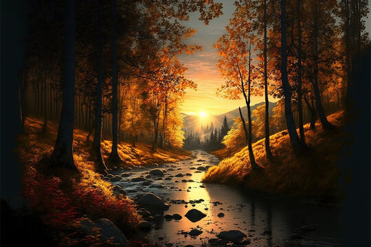 Autumn forest and forest stream at sunset
