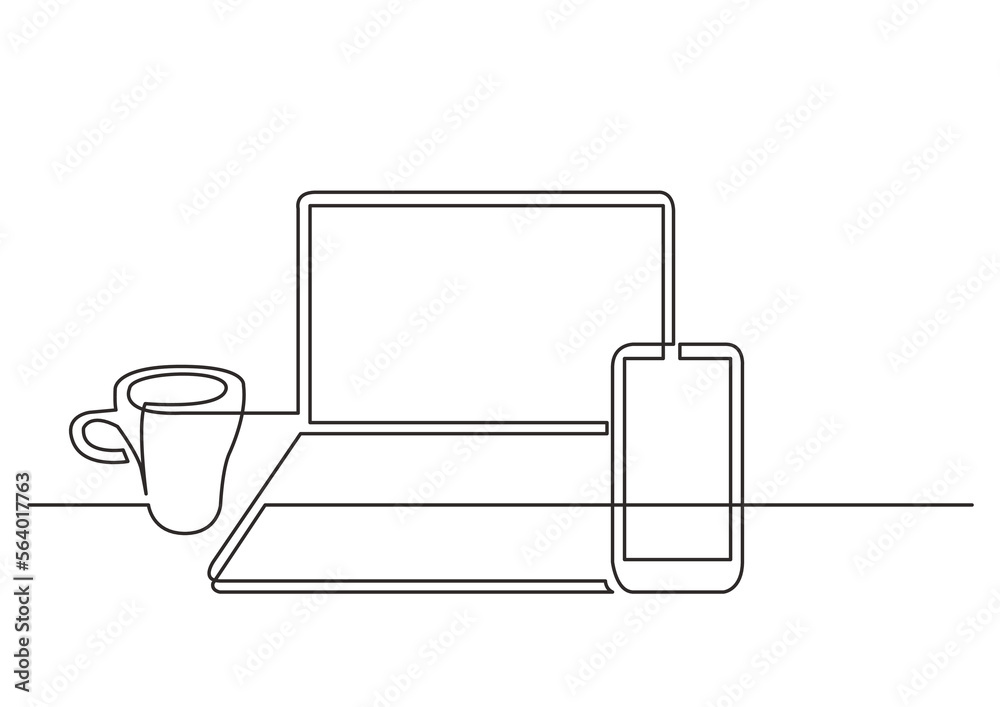 Wall mural continuous line drawing vector illustration with fully editable stroke of work laptop computer mobil