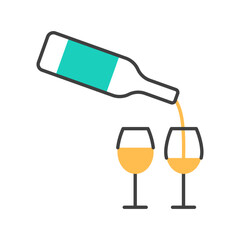 Pouring wine bottle, two glasses flat line sign isolated on white background. Outline alcohol beverage tasting icon. Romantic party event symbol logo design. Abstract minimal drink vector illustration