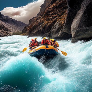 Rafting on the beautiful mountain river. Aerial view of rafting boat on amazing blue river.