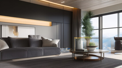 modern living room with view, postmodern, luxurious, Generative AI